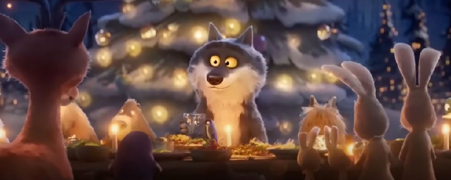 L loup attablé avec d'autres animaux de la forêt - Publicité du loup d'Intermarché