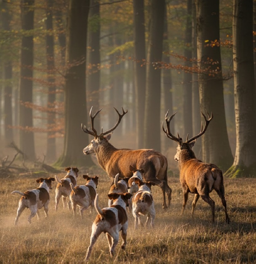 Chiens de chasse qui poursuivent deux cerfs dans la forêt