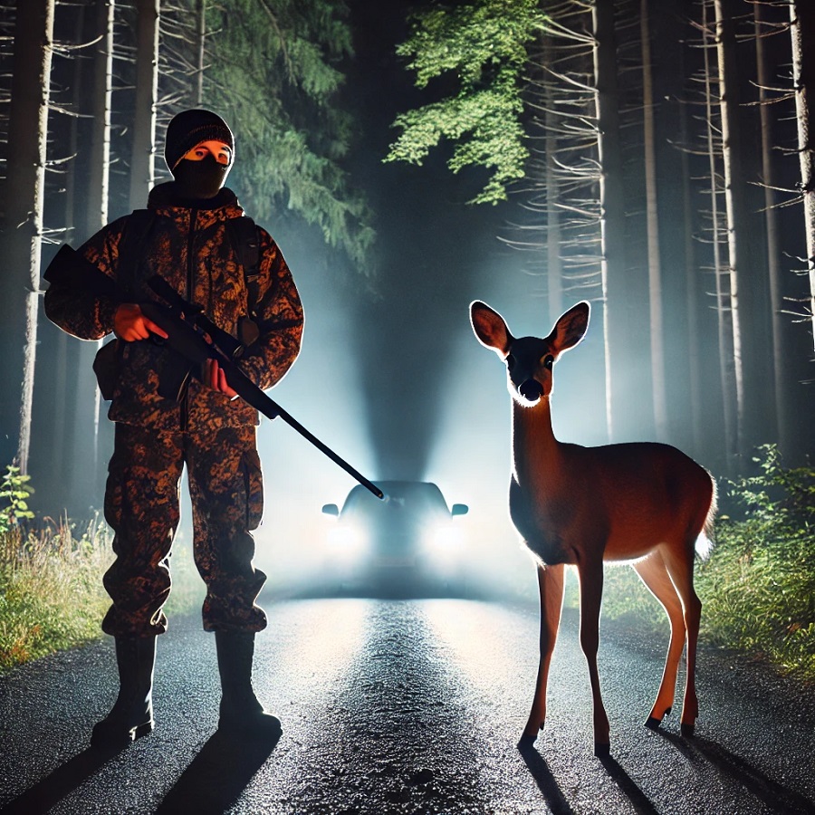 Chasseur et biche sur une route