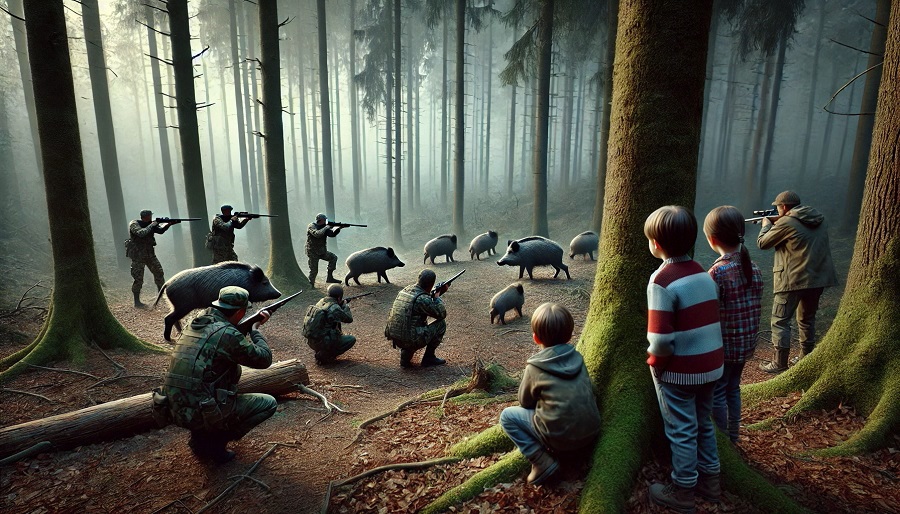 Enfants qui observent une scène de chasse