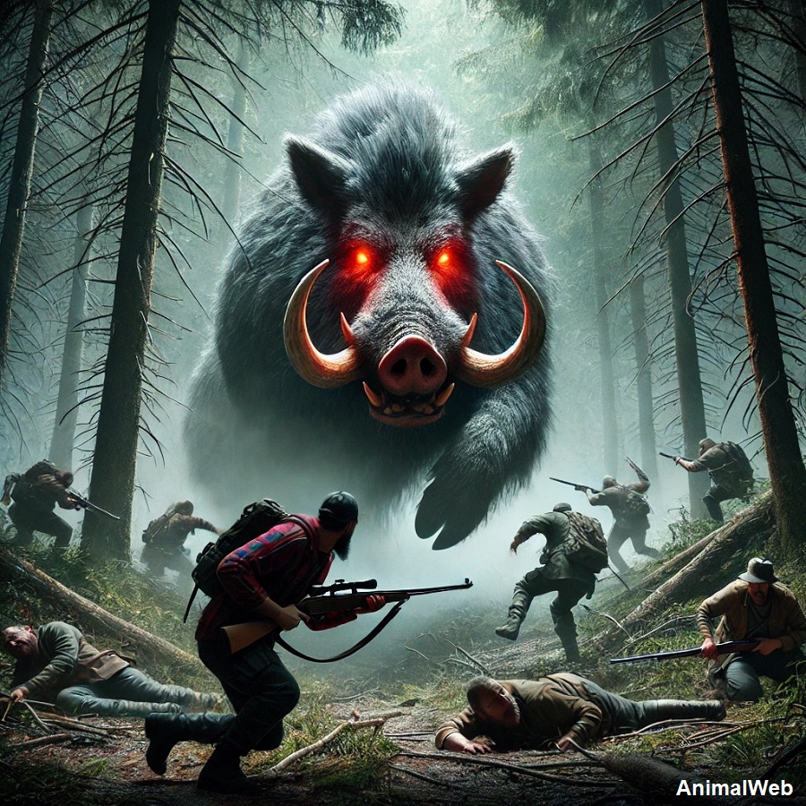 Un sanglier attaquent des chasseurs