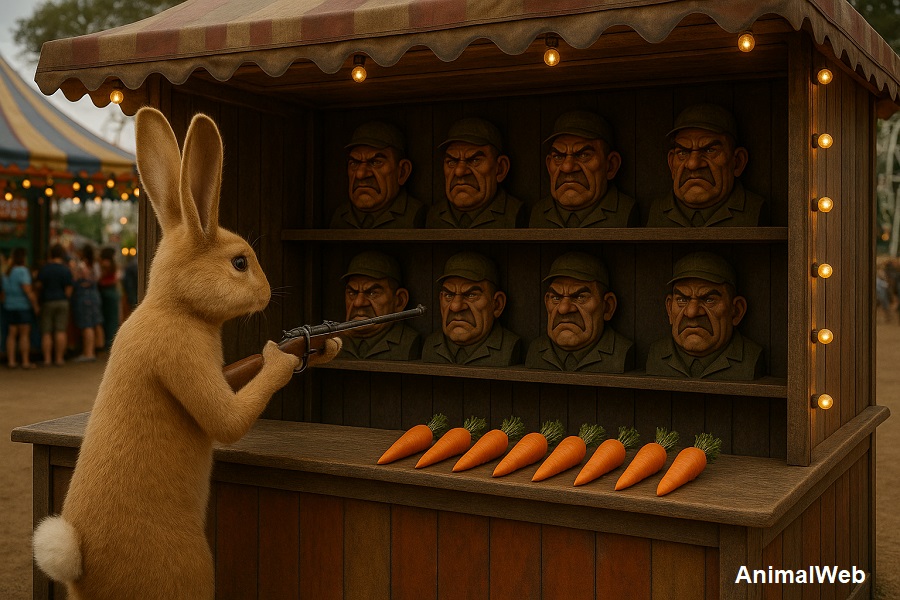 Lapin tire sur des personnages représentant des chasseurs à un stand de tir