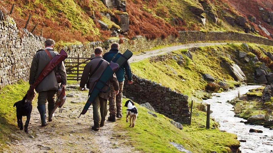 Chasseurs avec chiens et faisans morts