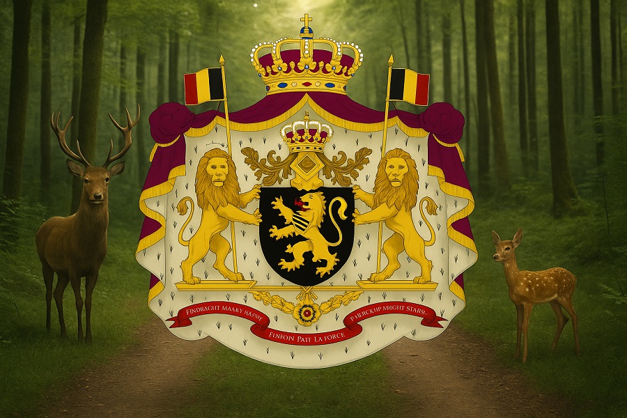 Blason royal belge avec en arrière plan une forêt