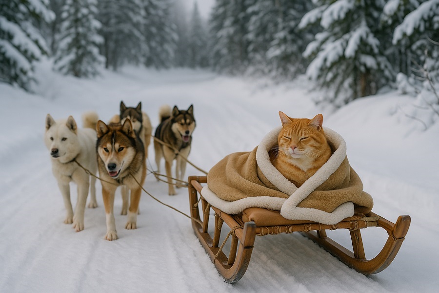 Chat sur un traîneau tiré par des chiens