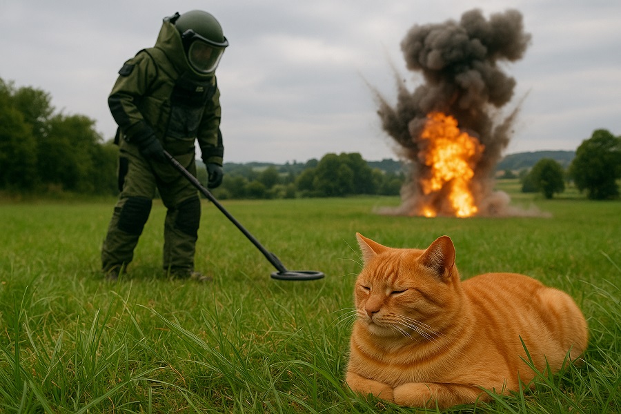 Chat sur un coussin sur un terrain miné