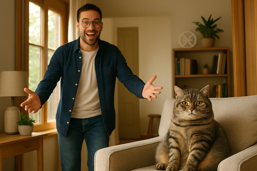 Chat dans le fauteuil pendant que son maître entre dans la pièce