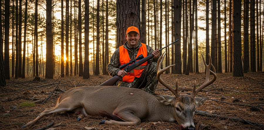Photographie d'un chasseur souriant avec son fusil, posant fièrement à côté d'une biche morte, à l'orée d'un bois.