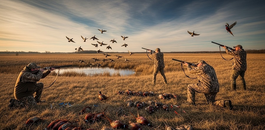 Dans une plaine, des chasseurs tirent sur des faisans. Des dizaines d'oiseaux morts sont allongés sur le sol.