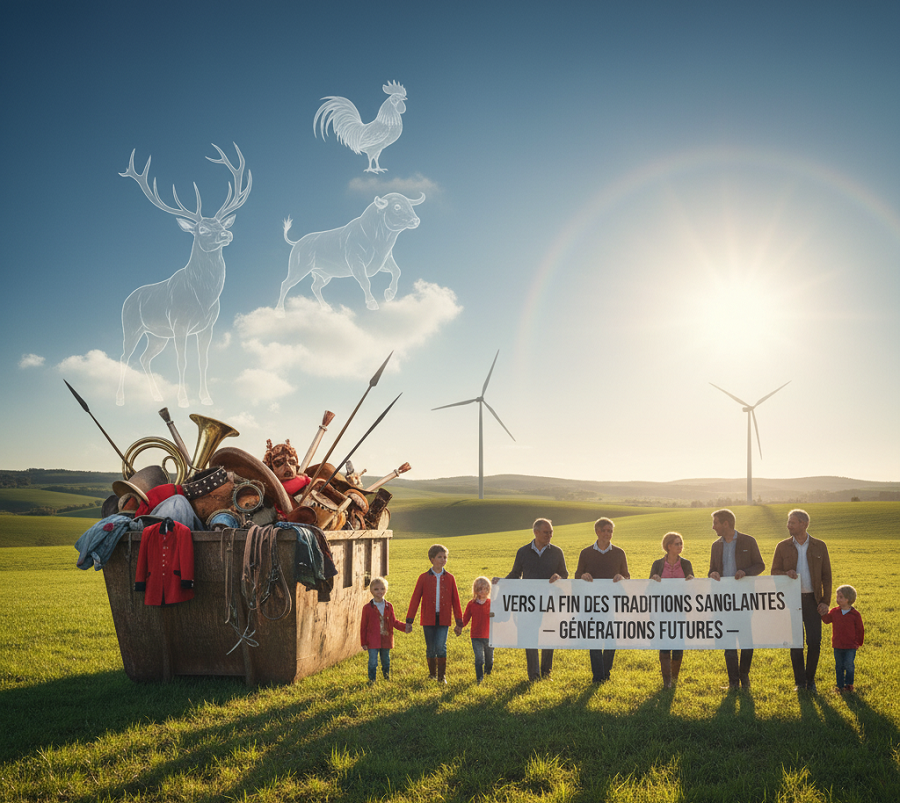 Cette image représente des enfants et des adultes marchant main dans la main à travers un champ verdoyant, tenant une bannière proclamant "VERS LA FIN DES TRADITIONS SANGLANTES - GÉNÉRATIONS FUTURES", avec à l'arrière-plan une benne remplie d'objets symbolisant les pratiques de chasse et de combat animal, tandis que des silhouettes d'animaux éthérées flottent dans le ciel ensoleillé, au-dessus d'éoliennes.