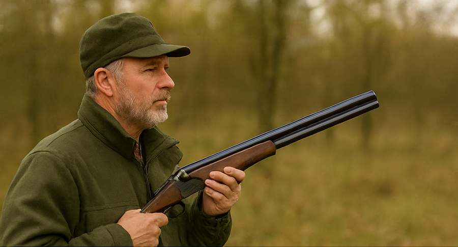 Chasseur avec fusil de chasse dans la forêt