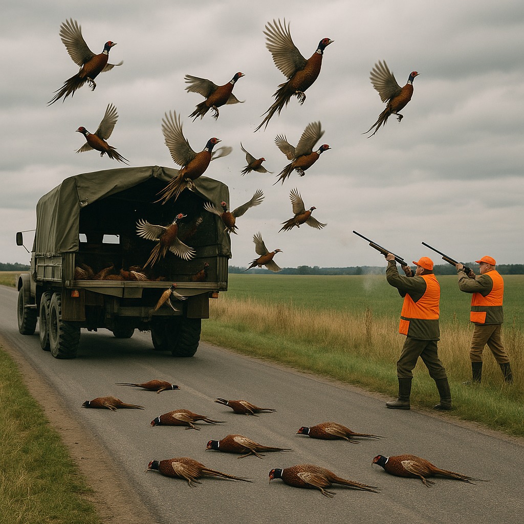 Illustration chasse : Lâcher de faisans abattus par les chasseurs