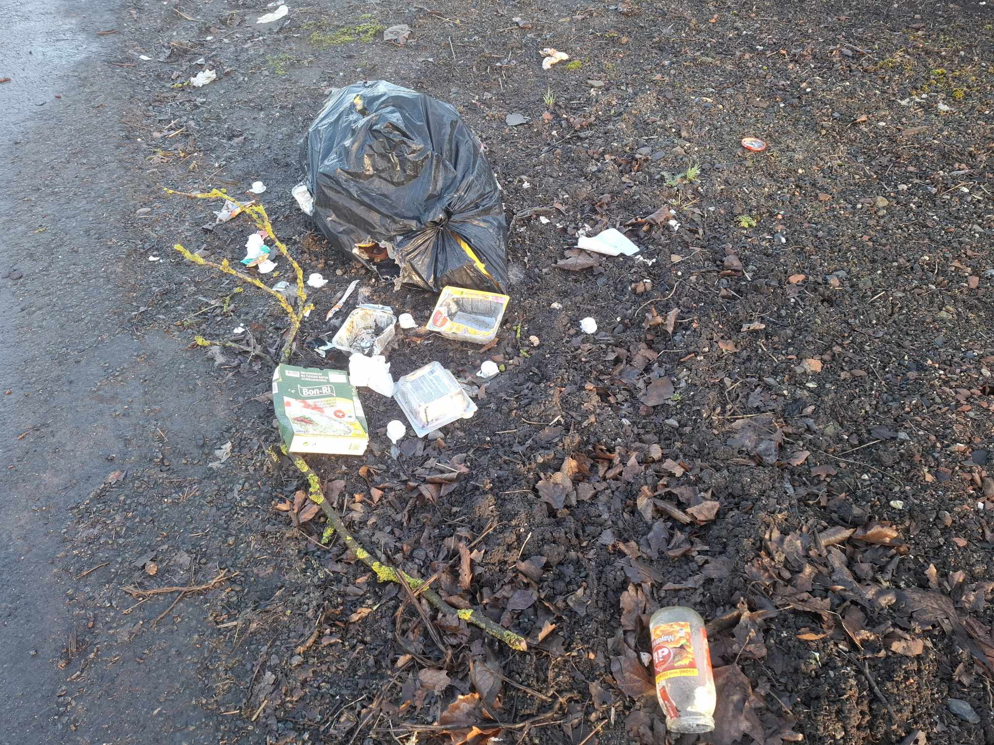 Décharge sauvage en bord de route à Baudour (Saint-Ghislain) composé ede poubelles et de divers déchets ménagers 