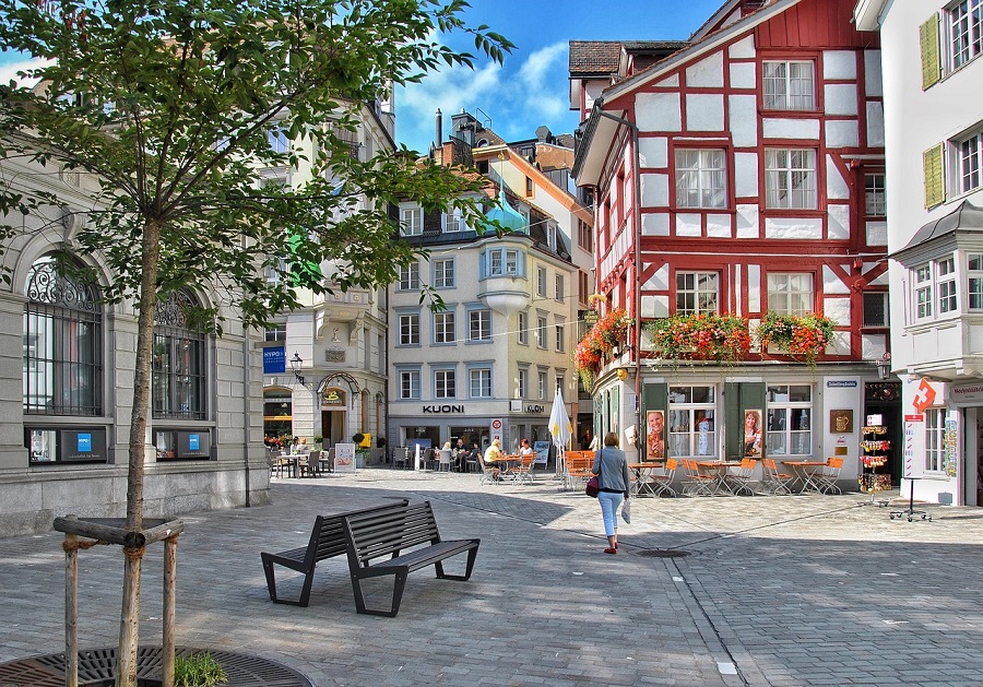 Rue d'une ville suisse avec maisons typiques