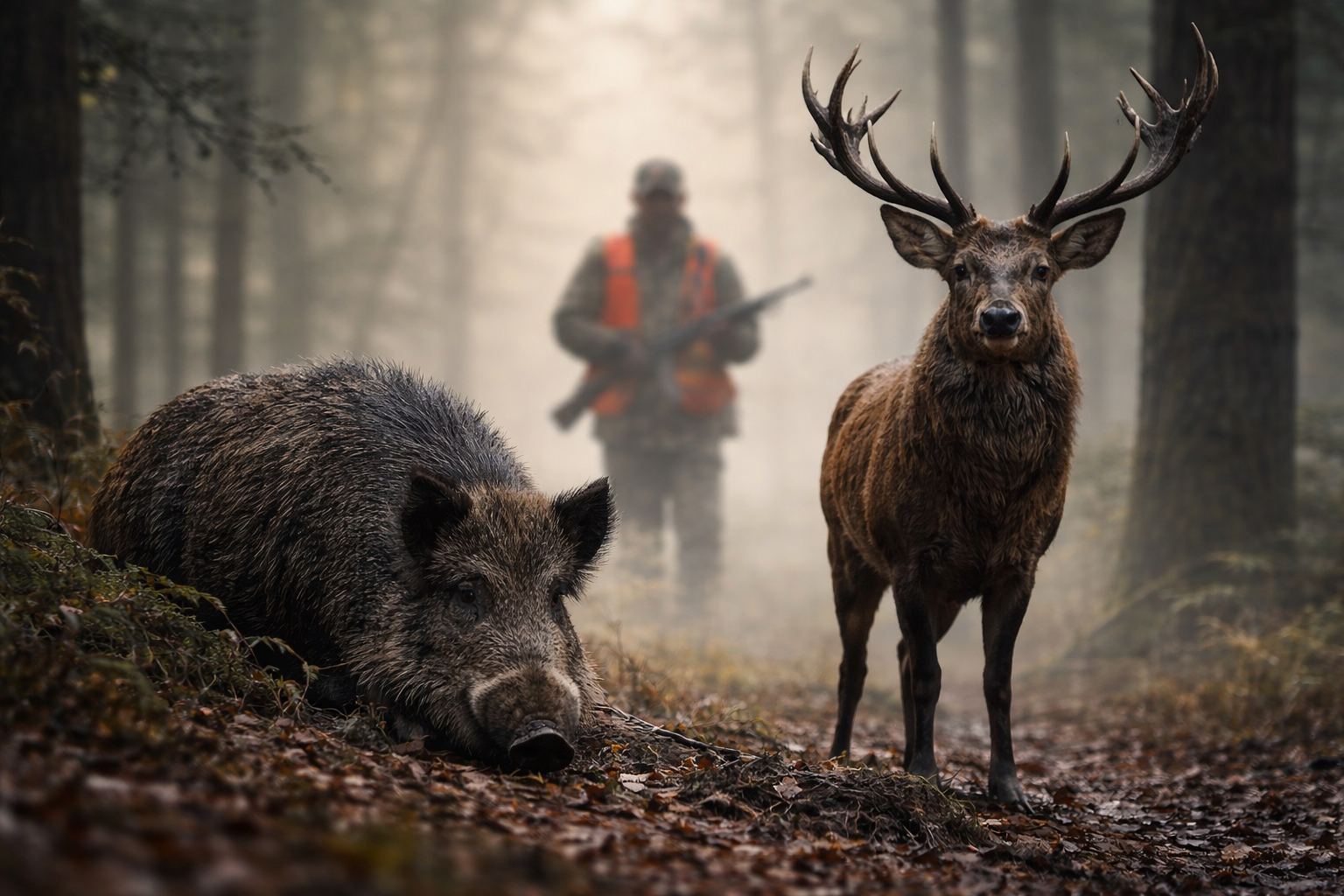 Photo symbolique : Sanglier et cerf suivis par un chasseur