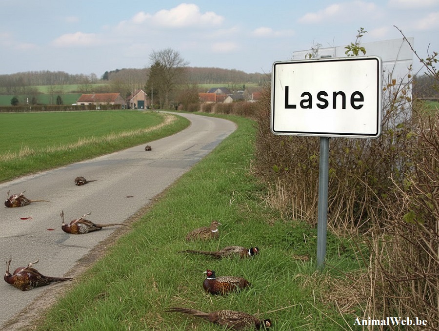 Entrée du village avec panneau de signalisation indiquant Lasne. Cadre champêtre avec plusieurs maisons à l'orée d'un bois. Nombreux faisans morts dans l'herbe et sur la route