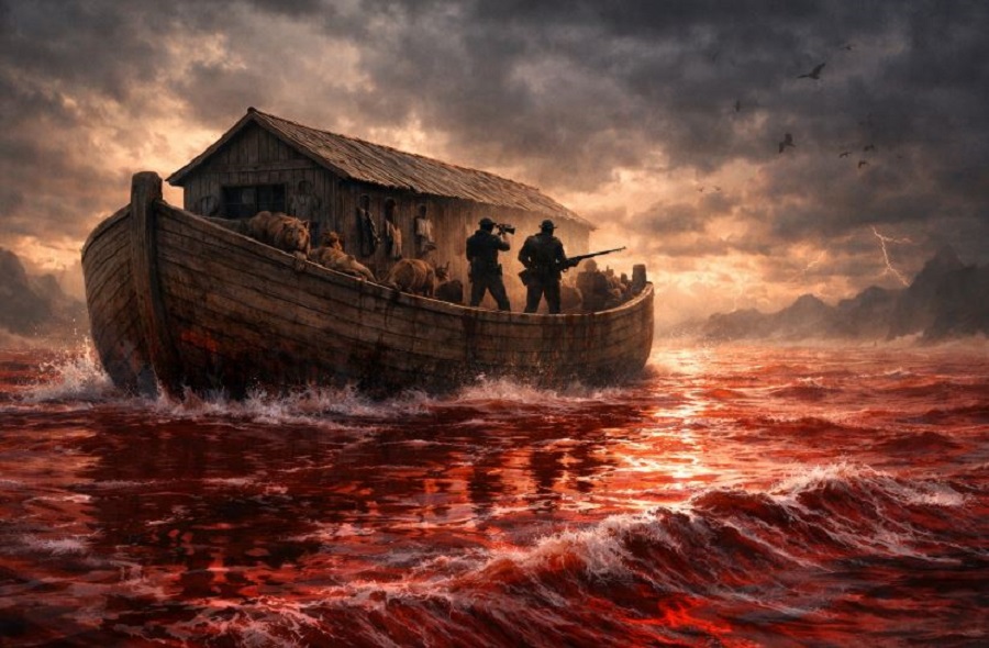 Illustration symbolique de l’arche de Noé naviguant sur des eaux rougies symboliquement par le sang, avec deux chasseurs à bord et des animaux apeurés, représentant une parabole sur la chasse de loisir et la destruction du vivant.