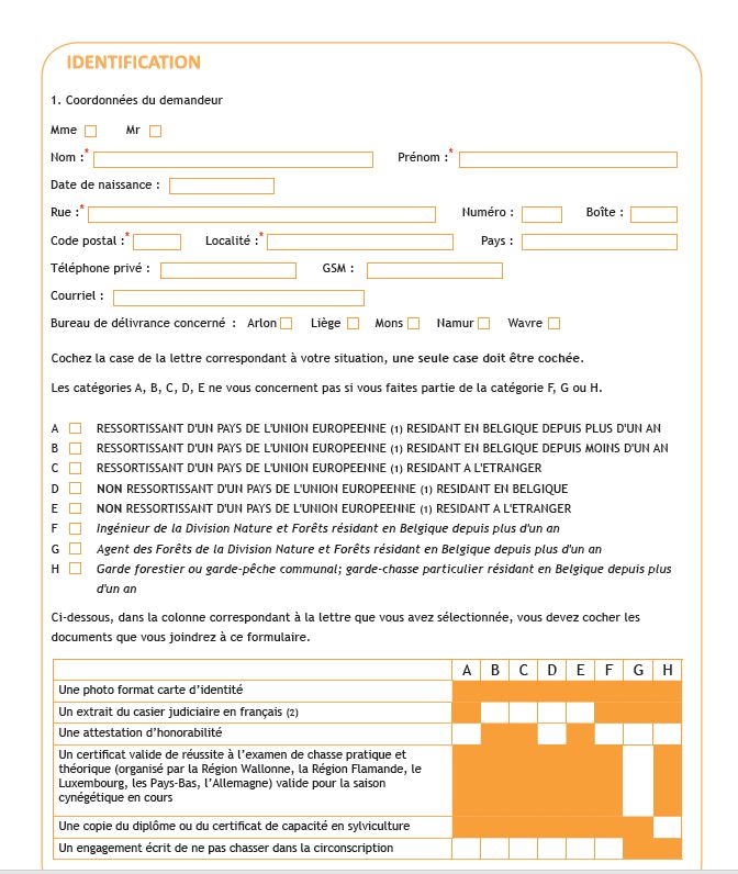 Formulaire de demande de permis de chasse en Wallonie
