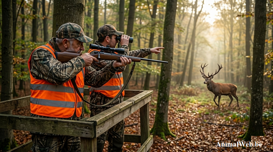 Chasseurs dans un mirador qui visent un cerf