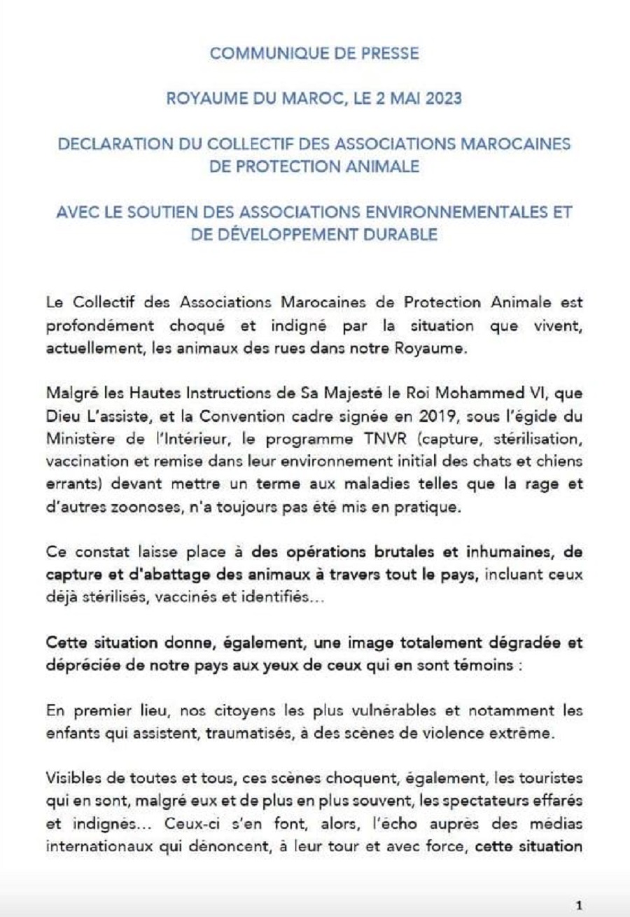 Communiqué de presse - Associations marocaines de protection animale - Page 1