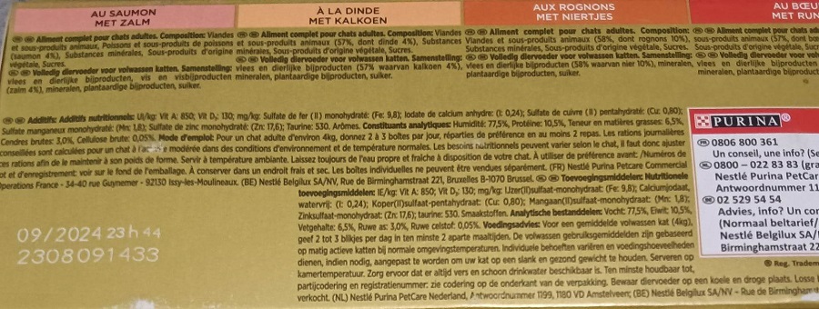 Liste d'ingrédients pâtées pour chats Gold Les Mousselines Gourmet Purina