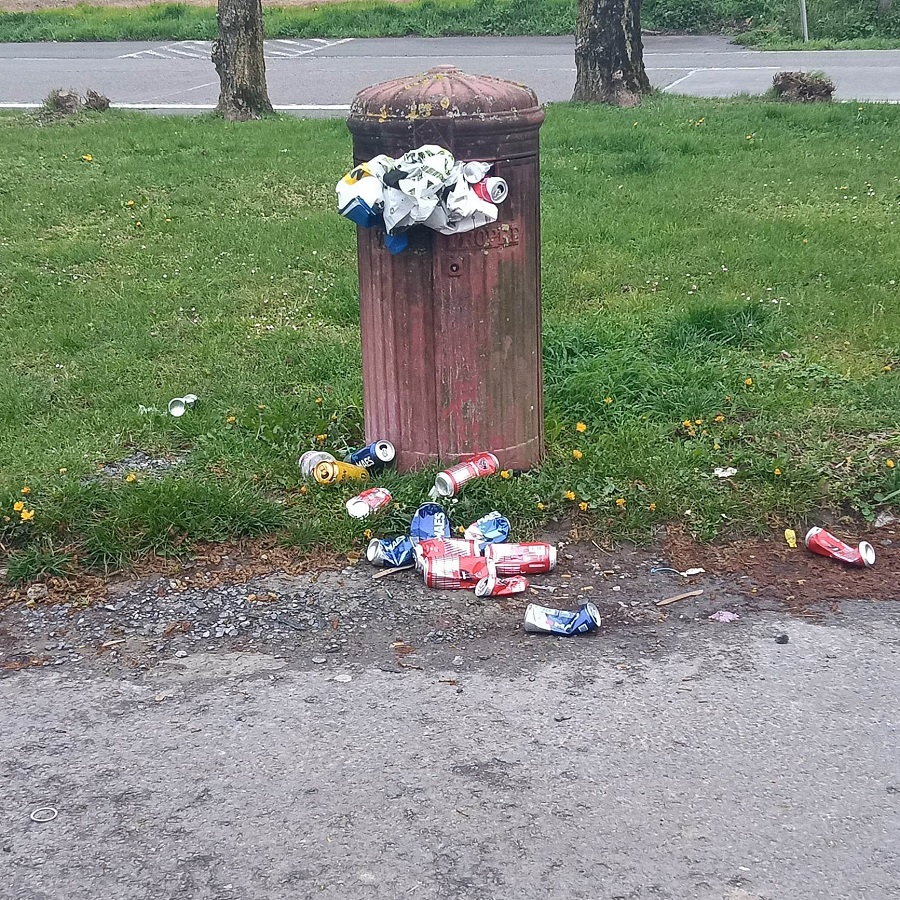 Déchets au pieds d'une poubelle publique