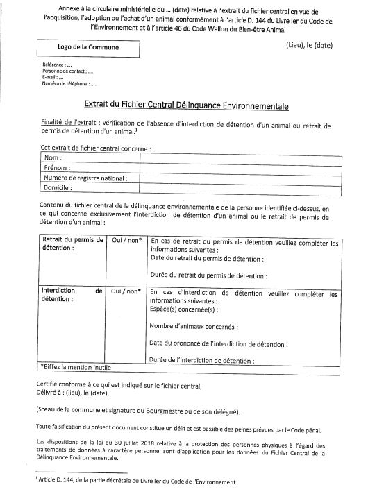 Extrait du fichier central de la délinquance environnementale et du bien-être animal