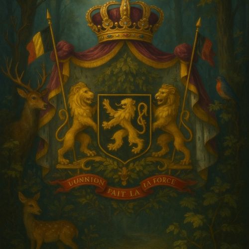 Blason royal de Belgique entouré d’une forêt féerique avec des animaux Blason royal de Belgique entouré d’une forêt féerique avec des animaux