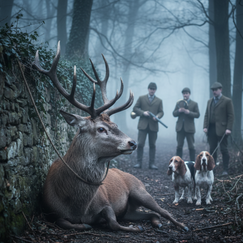 Un cerf majestueux gît sur le sol d'une forêt brumeuse, une corde auto Un cerf majestueux gît sur le sol d'une forêt brumeuse, une corde auto