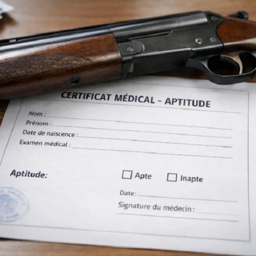 Fusil de chasse posé sur un certificat médical non rempli illustrant l Fusil de chasse posé sur un certificat médical non rempli illustrant l