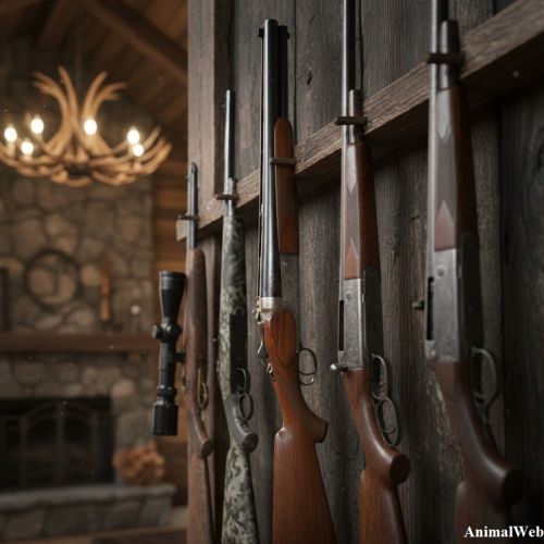 Fusils de chasse sur un support en bois dans un chalet