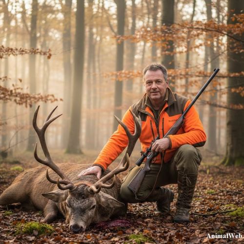 Chasseur posant avec un cerf mort en forêt