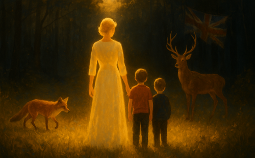 Femme lumineuse inspirée de la princesse Diana protégeant deux enfants Femme lumineuse inspirée de la princesse Diana protégeant deux enfants