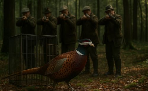 Un faisan aux yeux bandés se tient devant une grande cage ouverte, sym Un faisan aux yeux bandés se tient devant une grande cage ouverte, sym