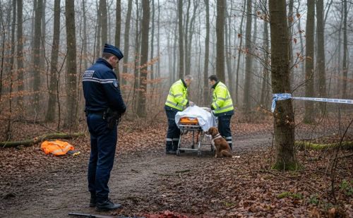 Scène dramatique d'une forêt en hiver dans la Somme après un accident 