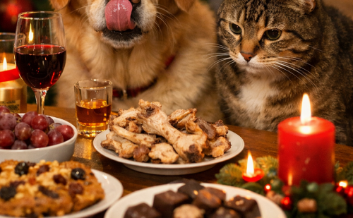 Chien et chat devant une table de réveillon avec chocolat, os et alcoo