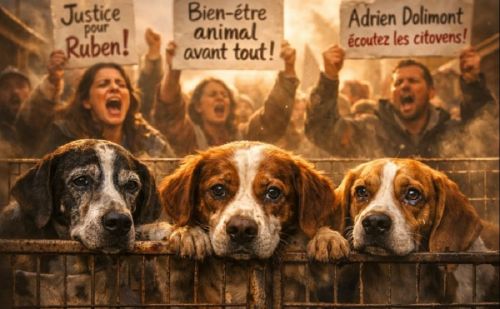 Illustration de style réaliste montrant trois chiens à l'air triste de