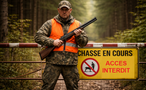 Chasseur en tenue camouflage et gilet orange, tenant un fusil, debout Chasseur en tenue camouflage et gilet orange, tenant un fusil, debout