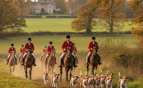 Chasse à courre avec cavaliers, chevaux et chiens de chasse