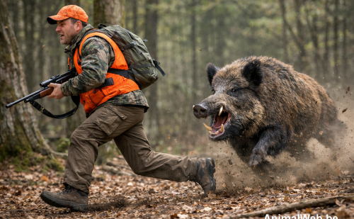 Chasseur poursuivi par un sanglier dans la forêt Chasseur poursuivi par un sanglier dans la forêt