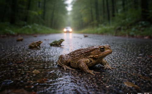 Batraciens qui traversent une route boisée.