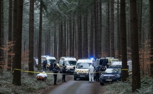 Forêt dense en hiver, route forestière bouclée par un cordon de police Forêt dense en hiver, route forestière bouclée par un cordon de police