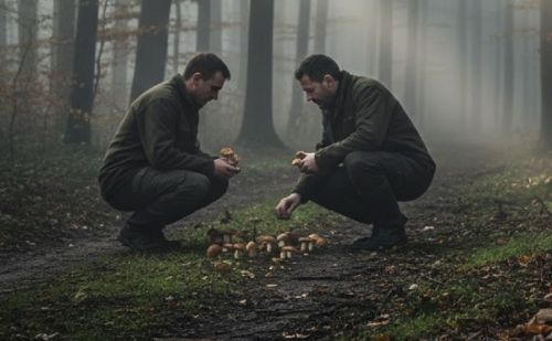 Deux cueilleurs de champignons dans un bois Deux cueilleurs de champignons dans un bois