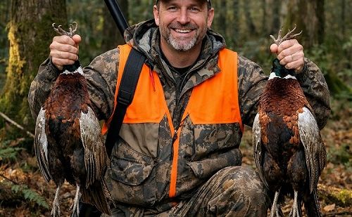 Chasseur à genoux dans un bois, en tenue de camouflage avec gilet oran