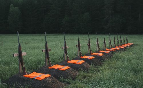 Alignement de tombes symboliques dans une prairie en lisière de forêt,