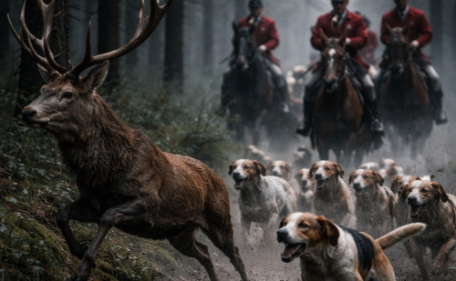 Chasse à courre : Dans une forêt, un cerf est pourchassé par une meute