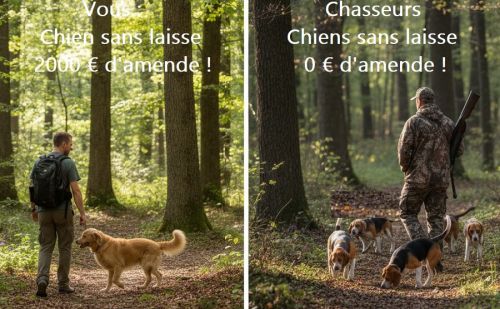 Image divisée en deux scènes en forêt : à gauche, un promeneur avec so