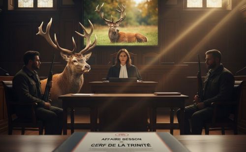 Salle d’audience sombre avec une juge assise au centre, deux hommes te