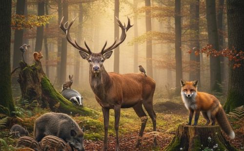 Cerf majestueux au centre d’une forêt automnale baignée de lumière, en