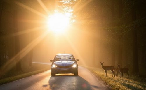 Voiture circulant sur une route forestière au lever du soleil, face à 